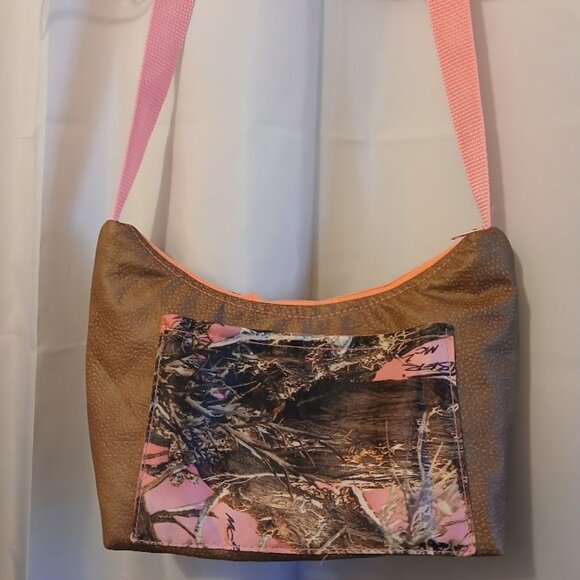 New Vinyl Camo Top handle Shoulder Bag Purse Hot Pink Brown Crescent Baguette - Picture 7 of 9